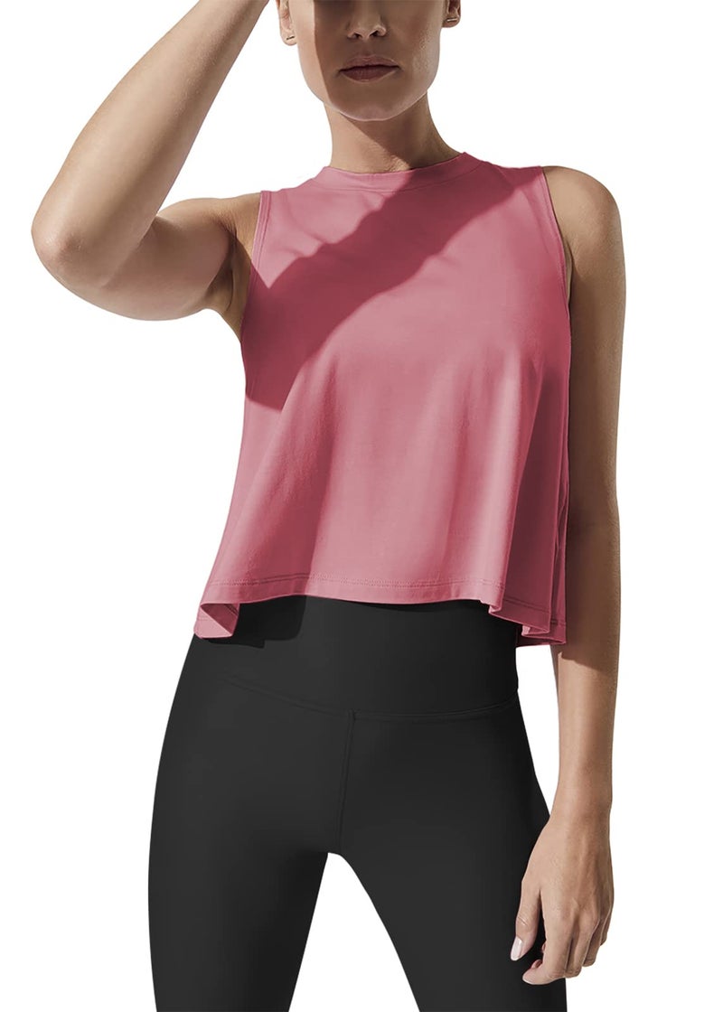 Mippo Cropped Workout Tops for Women Workout Shirts Sleeveless Tank Flowy Loose Crop High Neck Tank Tops Rose M - Image 1